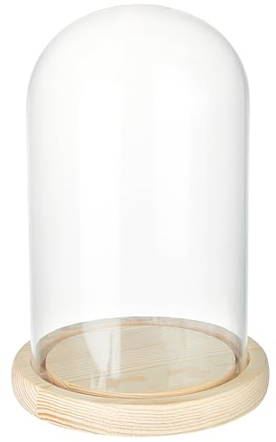 nbeads Couvercle de Dôme en Verre, 12x20 cm Terrarium de Pot de Cloche avec Base en Bois Présentoir Décoratif en Forme de Dôme pour Plantes Fleurs Décoration D'Exposition de Noël, Cornsilk