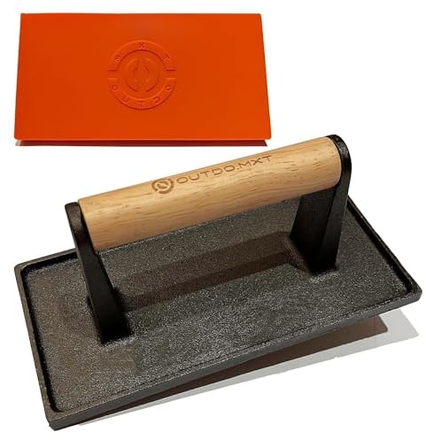 OUTDO.MXT Burger Press 8.5 X 4.3 Rectangular Cast Iron Grill Press for Bacon Steak,incl.Silicone Protective Sleeve&Cleaning Brush, Food-Grade Press with Wood Handle, BBQ Grilling Accessories