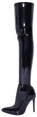 FGRID Stivali sopra il ginocchio in pelle verniciata da donna, stivali con tacco a spillo a punta in PU lucido alla moda, stivali lunghi da discoteca invernali con cerniera,Nero,38