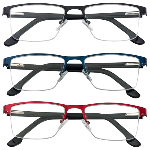kollyseek 3 Pack Occhiali Da Lettura Confezione da per uomo e Donna Anti Luce Blu unisex, vintage Grigio, nero, blu (+1.5, Nero Blu Rosso)