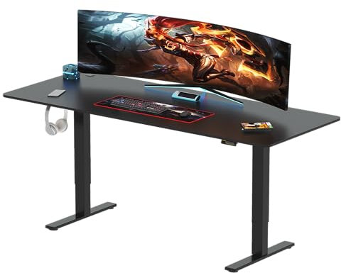 SANODESK Bureau Assis Debout Électrique 200x80cm, Bureau Réglable en Hauteur avec Crochet pour Casque et 2 Hauteurs de Mémoire, Table Table d'ordinateur Standing Desk, Plateau Noir-Gaming
