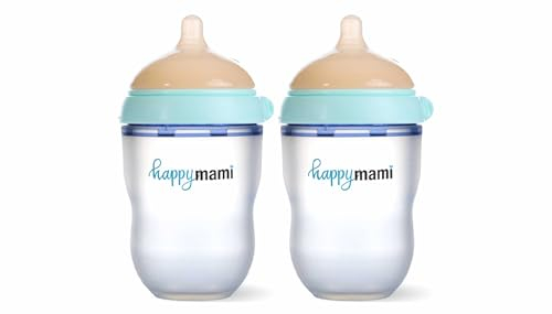 HappyMami, Set de 2 Biberones Personalizables 250ml, Color Turquesa, Tetina de Silicona Grado Médico, Doble Sistema Anticólicos, Apto para Lavavajillas, Calientabiberones, Para todo tipo de Lactancia