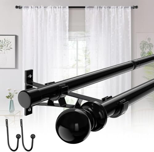 Tringle à rideaux double réglable avec clip pour fenêtres de 82-389cm, très résistante, double tringle à rideaux décorative de 2,5 cm pour fenêtre, salle de bain, terrasse, chambre