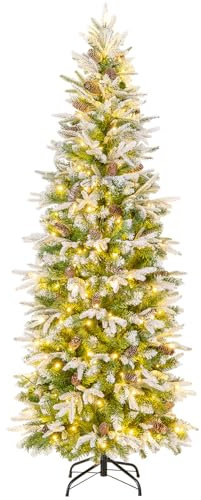 COSTWAY Albero di Natale Slim Pre-Luminoso 190 CM, Albero di Natale Artificiale Innevato con 280 Luci LED Bianche Calde, Rami Articolati e 671 Punte e 60 Pigne, Ideale per Casa, Negozio e Ufficio