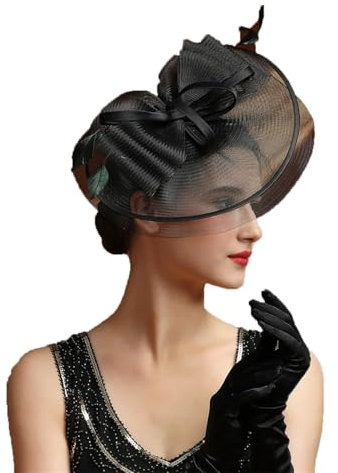 OWEIEYEU Fascinator für Damen, mit Federn, Netzstoff, für Teeparty, Kirche, Cocktail, Make-up, Abschlussball, Derby, Kopfbedeckung, Schwarz , Einheitsgröße