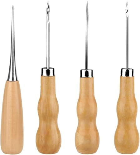 4 Pieces Wooden Handle Awl, Gourd Shape Awl, Tailors Awl, Wood Handle Scratch Awl, Sewing Awl, Punch Leather DIY Hand Sewing Tool, for Cutting Sewing Craft,Awl Tool