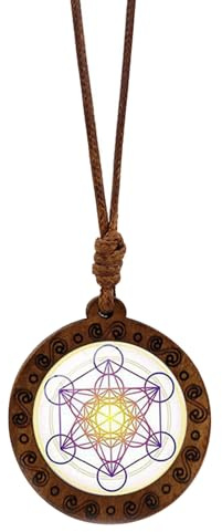 Rdxanc Elegante Holz-Halskette mit Metatron-Würfel, heilige Geometrie, Hexagramm und Sri Yantra-Amulett, verstellbare Länge, Choker