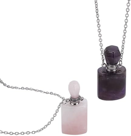 FINGERINSPIRE 2 Pcs Natural Healing Stone Essential Oil Diffuser Perfume Bottle Pendant Necklace 2 Styles Rose Quartz & Amethyst Perfume Bottle with Stainless Steel Chain for Aromatherapy Lovers