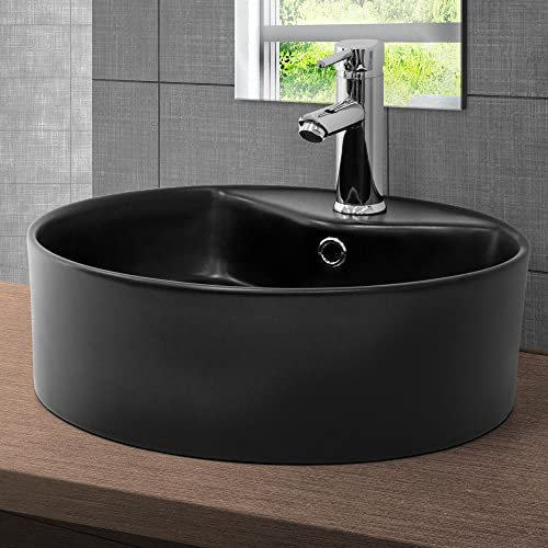 LuxeBath Waschbecken Keramik, rund Ø 460x155 mm, Schwarz, Aufsatzbecken mit Hahnloch und Überlauf, Aufsatzwaschbecken für Badezimmer/Gäste-WC, Design Waschtisch Waschschale Waschplatz Handwaschbecken