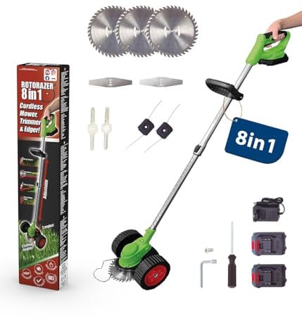 Genius Rotorazer 8 in1 Gartengerät Set 23-TLG. Akku Rasentrimmer Rasenkantenschneider Freischneider mit 2 Akku, Einstellbarer Schnitttiefe, 7 Messerscharfe Klinen, ausziehbare Teleskopstange, Garten