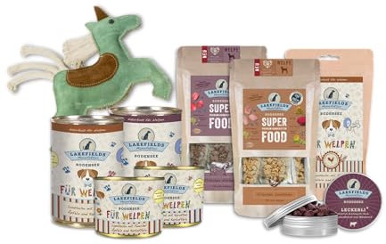 Lakefields Welpenbox | Premium Probierpaket mit Welpen Nassfutter & Trockenfutter | Huhn & Rind | Leckerlies & nachhaltiges Welpenspielzeug | 9 Inhalte zum Testen