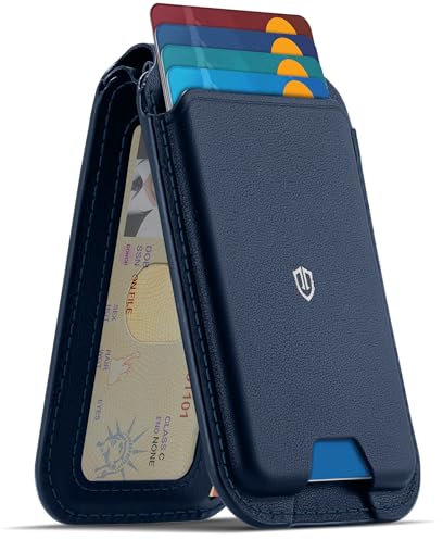 SHIELDON Compatible with MagSafe Wallet Stand, Genuine Leather Magnetic Card Holder, RFID Blocking & ID Window, Magnetic Card Wallet for iPhone 16/15/14/13/12 Pro/Pro Max/Plus Series - Navy Blue
