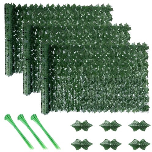 Artificial Ivy Fence Screen, 3PCS Garden Fence Screening Trellis with Artificial Leaves, 3m x 1m Expandable Faux Privacy Artificial Hedge Roll with 20pcs Zip Ties for Garden Balcony Outdoor Decoration