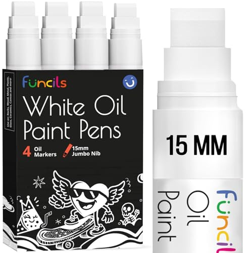 Funcils 15mm Jumbo Ölstift Lackstift Weiß – Lackmarker, 4er Set | Weißer Stift – Permanent Marker Wasserfest für Metall, Stoff, Glas, Möbel, Plastik, Holz & Kunststoff - lackmarker weiß