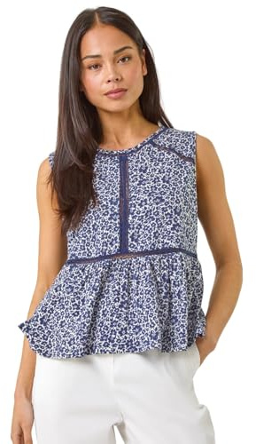 Roman Petite Floral Print Trim Vest Top for Women UK - Ladies Everyday Holiday Spring Summer Round Neckline Comfy Soft Evening Vacation Work Party - Petite Navy - Size 12