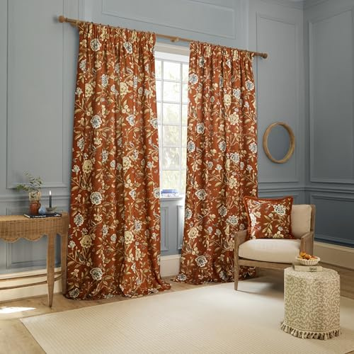Sanderson Porcelain Garden Room Darkening Pencil Pleat Curtain Pair – Chenille Peony Bird Lined Drapes (Rust - 117x137cm)