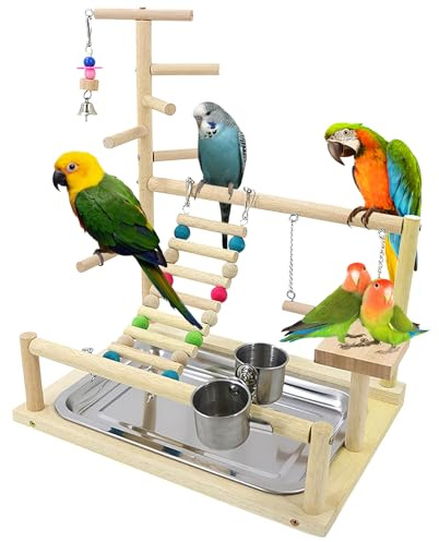 Wellensittich Spielplatz Vogel-Spielplatz, Papageienspielständer Mit Feeder Cup Und Tablett, Vogel-Papageien-Spielzeug, Holzpapageienspielzeug 44x37x26 cm