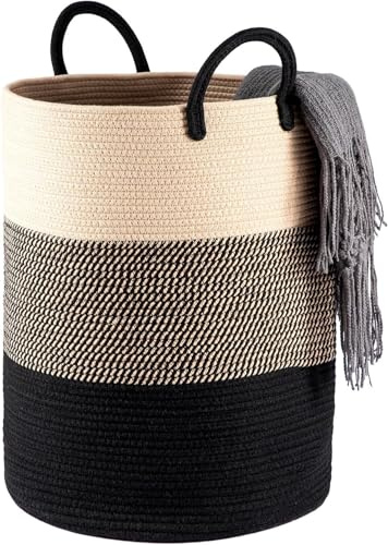 BREEZENEST Large Woven Laundry Basket with Handles, Natural Cotton Rope Storage Basket for Blankets, Toys & Linen, 50x38cm Organiser Bin for Bedroom, Bathroom in Grey, Brown, Black (Black)