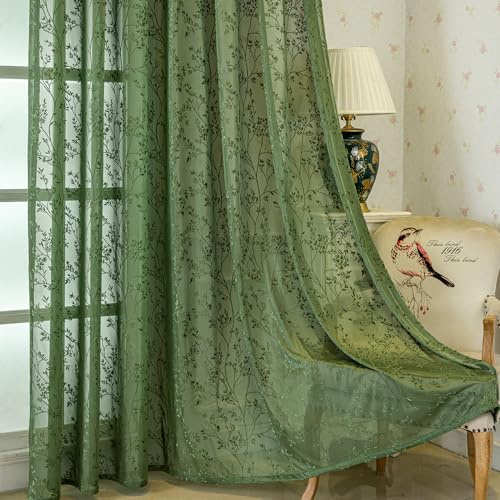 Dunkel Grün Vorhang Wohnzimmer Modern Ösen Zweigemuster Halbtransparent | Natur Landhausstil Gardinen Lichtdurchlässig Romantisch Ösenschal Ösenvorhang 2 Stück 100x250