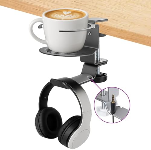 Spacetronik 2-in-1 Headset Halterung & Getränkehalter Tisch | Schwenkbarer Kopfhörer Halter mit Kabel Organizer, Rutschfest, 360° Drehung, Universelle Schreibtisch Halterung bis 54mm