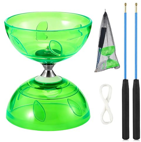 WDKXCN Diabolo mit Kugellager, Diabolo Jonglierset Set mit LED Licht und Handstäben, Transparent Weichgummi Jonglier Set mit Ersatzschnur und Netztasche, Freizeitsport für Anfänger Profis, Grün