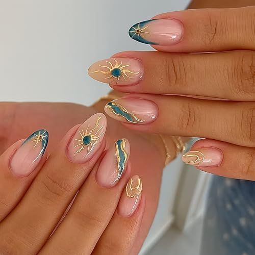 Teal Sunburst Almond Press On Nails - 24Pcs Short Oval Stick On Nails with Marble French Tips, 3D Gold Line Design, Cute Winter Floral Art for Women (Teal Sunburst Dream)