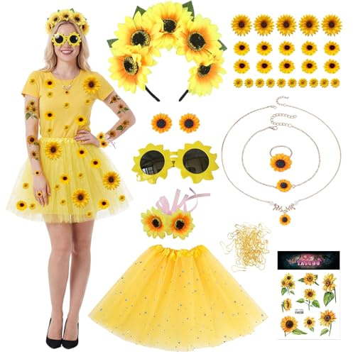 HarnyLoom Sonnenblumen Kostüm Damen Gelber Tüllrock Frauen Blumen Kostüm mit Haarband Brille für Karneval Mottoparty Cosplay
