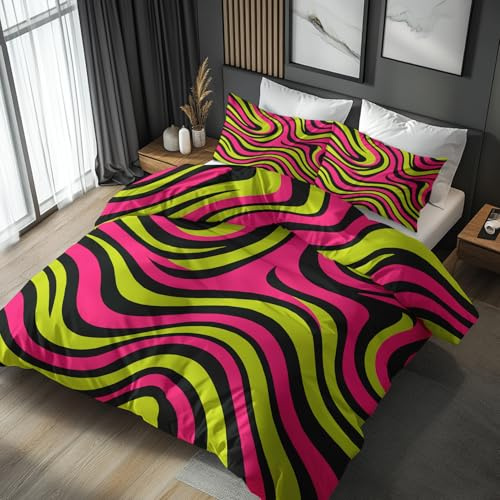 Générique Housse de Couette Rayures Abstrait 200x200, Parure de Lit Motif Vert Noir Rose Vif 2 Personnes - Decoration - 2 Taies d'oreiller 65x65, Fermeture Éclair, Microfibre - PKA15449