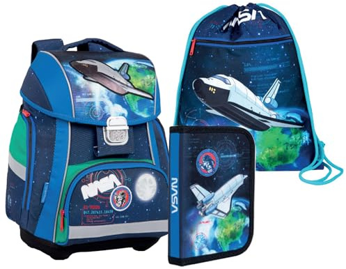 itenga Grundschul Ranzen Set - Schulranzen Set 3 teilig für Jungen und Mädchen mit Mäppchen Etui und Turnbeutel (Motiv Weltraum)