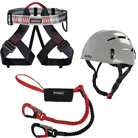 ALPIDEX Kletterhelm Klettergurt + Stubai Klettersteigset Basic 3.0, Farbe:Pebble Grey, Größe:Gurt - Universalgröße/Green Pepper