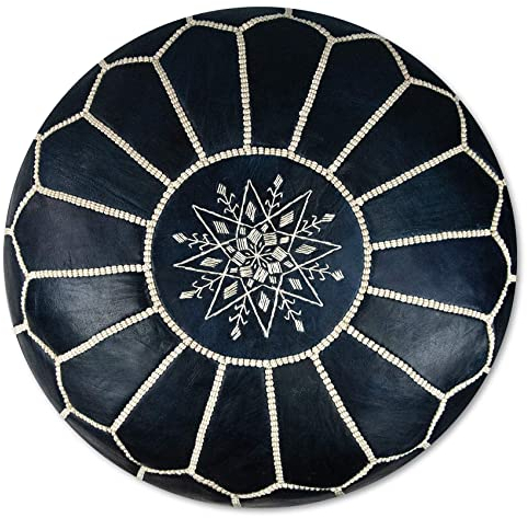 Poufs&Pillows Premium Echt Leder Pouf - Handgefertigt - gefüllt geliefert - Ottoman Sitzsack Fußhocker (Dunkelblau)