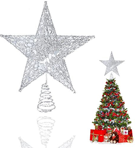 Stern für Weihnachtsbaumspitze, Glitzernd Stern aus Metall, Silber Glitzer Christbaumspitze, 5-Armiger Stern Baumspitze, Glitzernde Baum Top Stern für Weihnachtlicher Baumschmuck, 20 cm, Silber