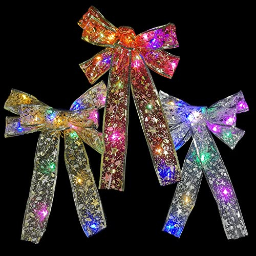 3Stück Weihnachtsschleifen Deko Weihnachten Mit Led, schleifenband Weihnachten Weihnachtsbaumschmuck, weihnachtsdeko Amerikanisch Satinband, Satinband Weihnachtsdeko Fenster innen Bastelset(Farbe)