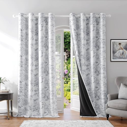 Beauoop Verdunkelungsvorhänge mit Blumenmuster, 213 cm lang, 2 Paneele für Schlafzimmer, Wohnzimmer, grau-weiß, Bauernhaus, Rosenmuster, Raumverdunkelung, Thermoösen, Fensterbehandlungen, Vorhänge,