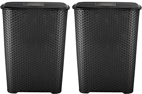 M1SS Set of 2-65L Litre Plastic Laundry Basket with Lid and Handle Drop All Basket Clothes Washing Bin Storage Hamper Small Organiser Lovely For Bathroom, Bedroom (Black)