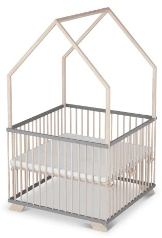 Sämann Laufgitter EXCLUSIVE 100x100 cm mit Matratze - Hausbett & Babybett - stufenlos höhenverstellbar Laufstall Baby Buche grau/natur