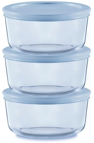 Pyrex Colors (3-Pack, Small) Tinted Glass Round Food Storage Container Set, Snug Fit Non-Toxic Plastic BPA-Free Lids, Freezer Dishwasher Microwave Safe, 2 Cup (x3) Tinted Glass, Blue