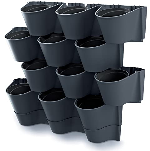 IMJ-Global Set di 12 Vasi Orto Verticale Modulari Per Fiori Piante Cascade Wall Decorativi In Plastica Da Interno Esterno Neri 17,7 x 67 x 57 cm Design Moderno 12 x 0,75 Litri