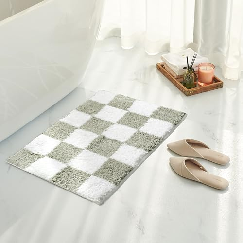 Tititex Luxuriöser Badezimmerteppich, kariertes Gittermuster, 40,6 x 61 cm, klassisches Schachbrett, extra weiche und saugfähige Mikrofaser-Badteppich, rutschfester Plüsch-Badteppich für