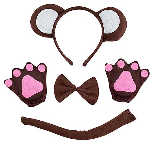 VIKSAUN 4 Stück Affenkostüm Kostüm, Ohren Fliege Tier Set, Tierohren Stirnband, Ohren Stirnband Set, Brown Monkey Headband Bowtie Tail, Fancy Kleid Party Halloween Accessoy