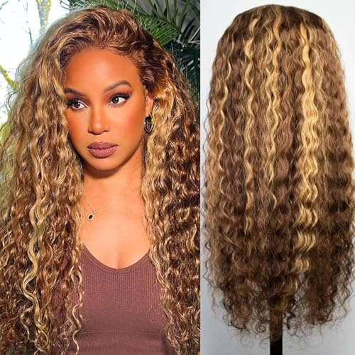 Perücke Lockig Deep Wave Lace Frontal Wig Human Hair 20 Zoll Blond Ombre | 13x4 HD Lace Frontal Wigs Menschliches Haar Perücke Locken für Damen 150% Dichte Human Hair Wig P4/27 Color Highlight Color