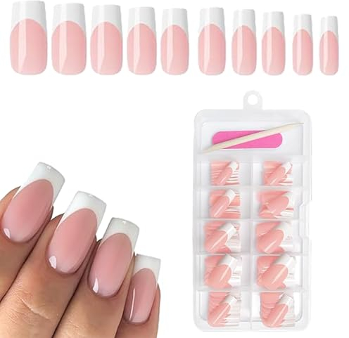 Goiern Lot de 120 faux ongles carrés blancs à presser pour French manucure manucure française en acrylique pour femmes et filles