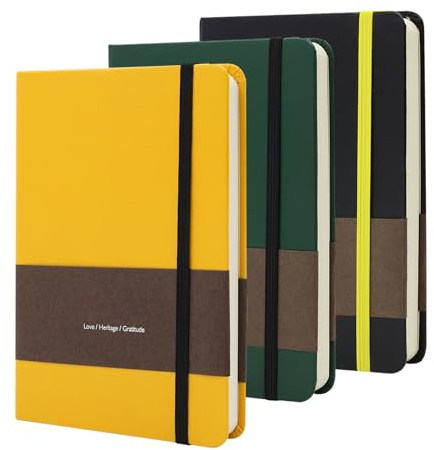 TUNJILOOL 3er Set A6 Notizbuch - Schwarz/Gelb/Grün, Leder, 192 Seiten, Gummiband & Tasche