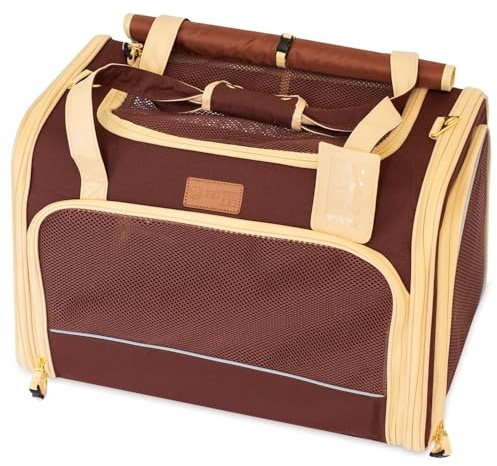 PETPROVED Transportbox Katze Hund Hundetasche für Kleine Hunde Katzentransportbox Katzen Transportboxen Hundetragetasche Tragetasche Hund Katzentasche Katzenbox Katzenkorb Transport (L Braun)