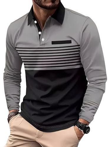 Mens Polo Shirts Long Sleeve Striped Contrast Color Patchwork T-Shirt Fashion Casual Golf Shirts Grey L
