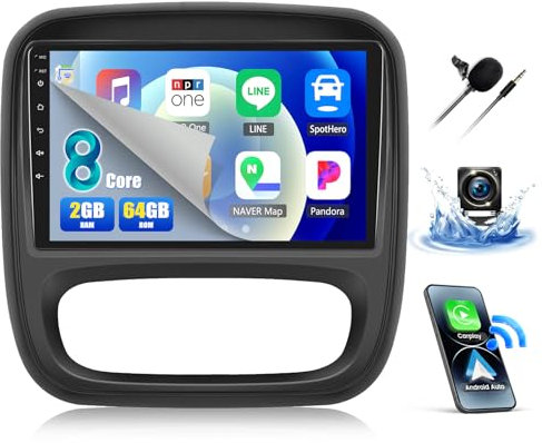 8Core 2G+64G CAMECHO Android 13 Autoradio für Opel Vivaro B 2014-2018 / Renault Traffic 3 2014-2021 mit Navi Carplay Android Auto,9 Zoll Bildschirm mit DSP RDS Bluetooth+Rückfahrkamera