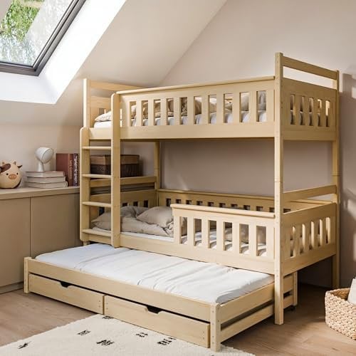Hochbett 90x200 mit Ausziehbett Etagenbett mit Ausziehfunktion, Zwei Schubladen, Lattenrost, Rausfallschutz, umbaubar in DREI Einzelbetten, Vollholz massiv in Natur | von 4. bis 18. Lebensjahr