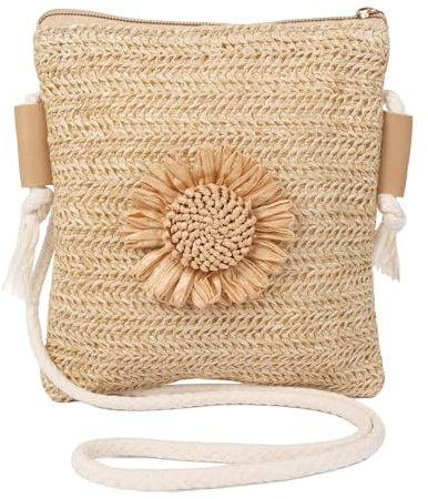 Moorle Strohtasche Damen, Stroh Umhängetasche mit Blume, Strohtaschen Damen Boho Stil, Stroh Handtasche Crossbody Tasche für Sommer Urlaub Strand Reisen Kaki
