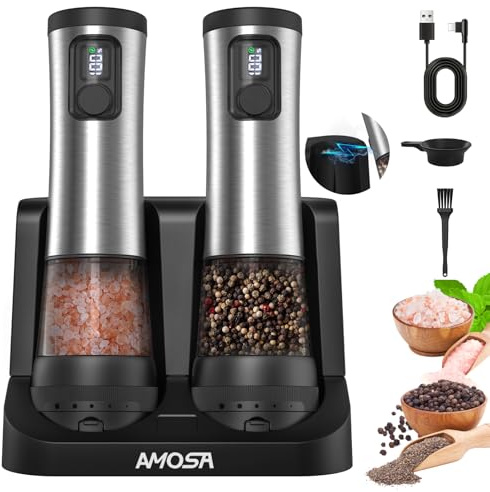 AMOSA Moulin à Poivre Électrique Set, Écran de Batterie & Base Rechargeable