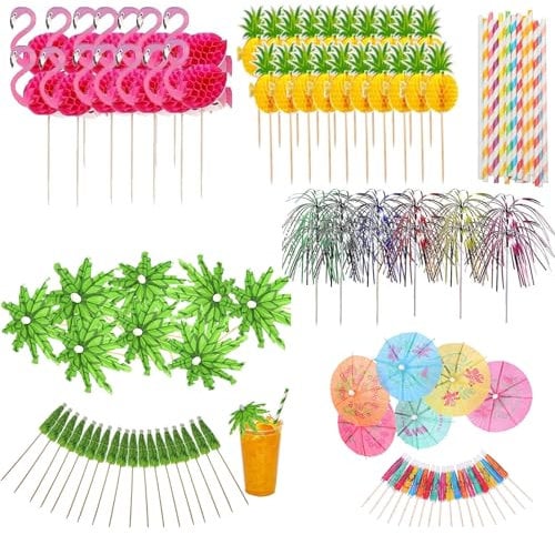 Cocktail Umbrellas for Drinks, 20 Paper Straws & 90 Decorative Picks, Tropical Party Decorations, Summer Drink Accessories, Hawaiian Themed Events, Poolside Bar Essentials